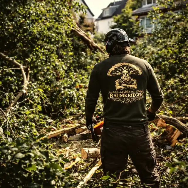 Adam Warkentin im Baumkrieger-Shirt zwischen frisch geschnittenem Astwerk in einem Garten